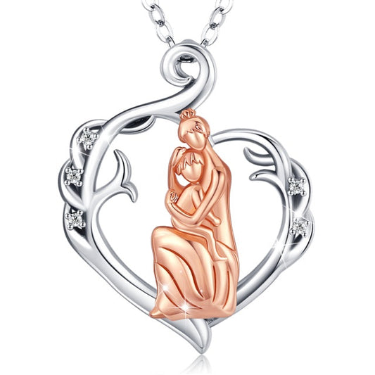 Collier avec pendentif en forme de cœur pur en argent 925 et or rose mère et fille