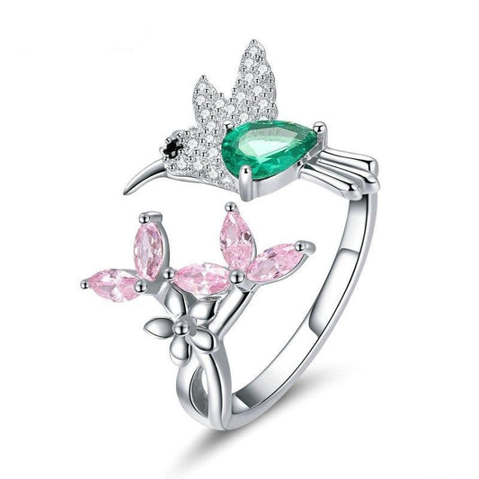 Anillo luminoso de colibrí ajustable de plata de ley 925