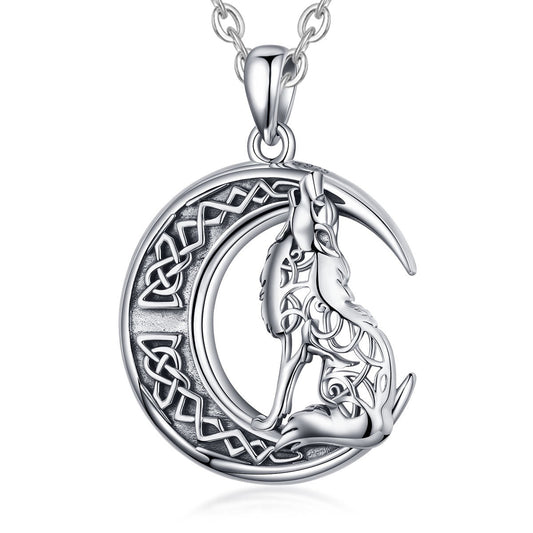 Collier vintage creux avec pendentif en forme de loup et de lune en argent sterling 925