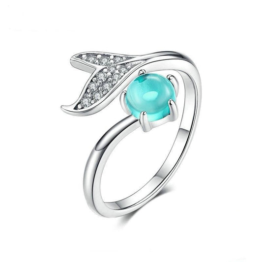Anillo de cola de pez con lágrima de piedra azul oceánica en plata de ley 925