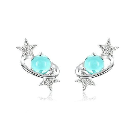 Pendientes de botón con estrella y planeta azul en plata de ley 925