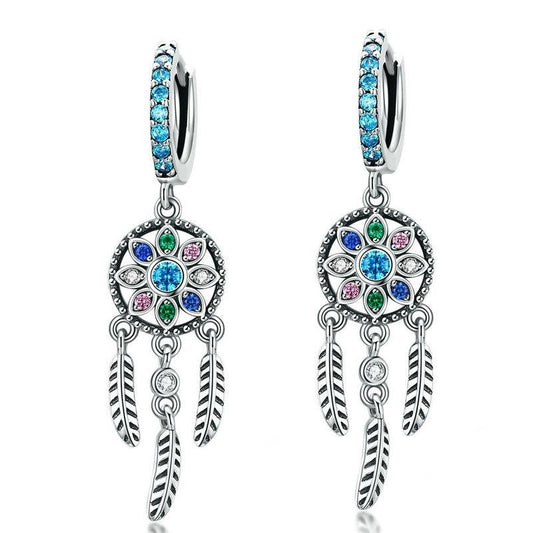 Pendientes colgantes de atrapasueños bohemios de plata de ley 925