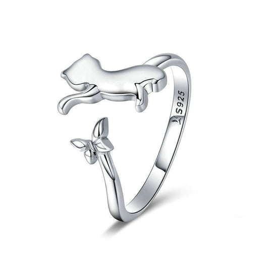 Anillo ajustable de plata de ley 925 con cola de mariposa y gato