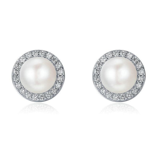 Pendientes clásicos de plata de ley 925 con perlas de agua dulce brillantes y redondas.