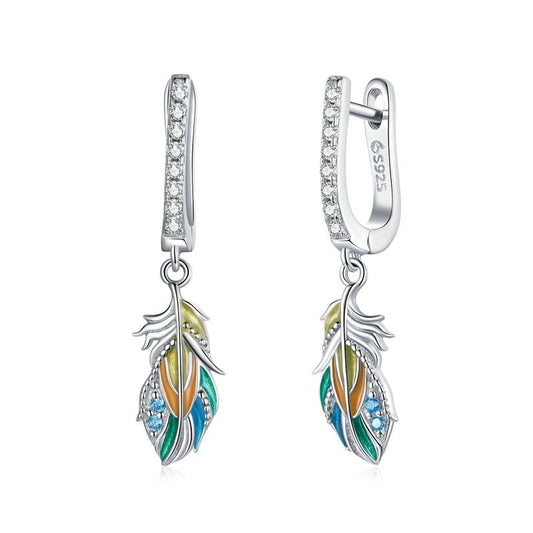 Pendientes de plumas de colores en plata de ley 925