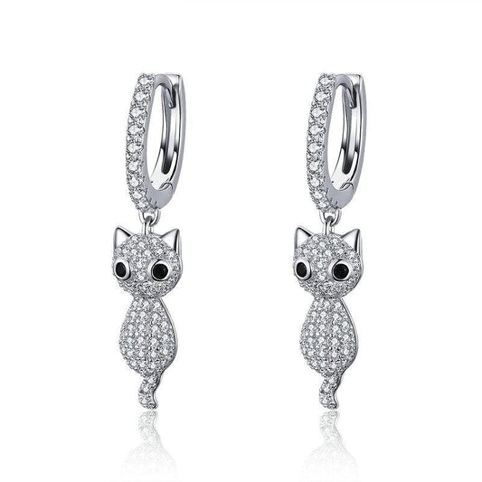 Pendientes colgantes de plata de ley 925 con forma de gatito y circonitas cúbicas deslumbrantes