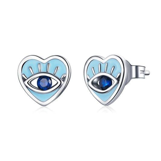 Pendientes de plata de ley 925 con forma de corazón de circonita azul y ojo de diablo