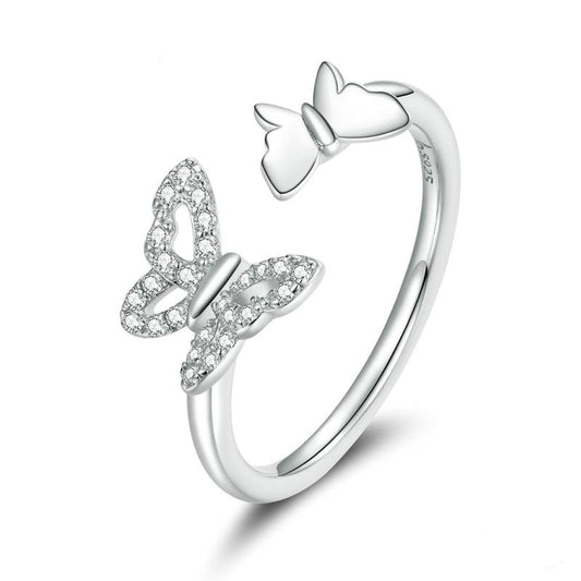 Anillo ajustable abierto con mariposas voladoras en plata de ley 925