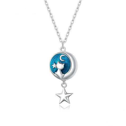 Collar con colgante geométrico de gato y luna en plata de ley 925