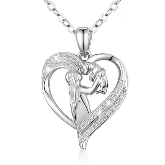Collar con colgante de niña y perro en plata de ley 925 con cristales y corazón