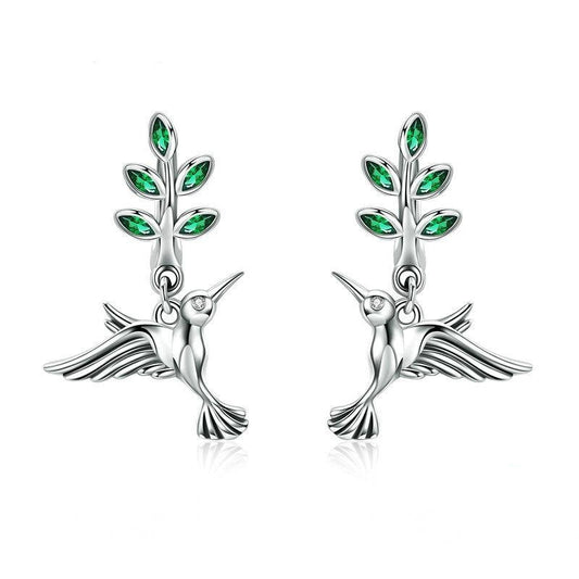 Pendientes de plata de ley 925 con forma de colibrí y pájaro de saludo