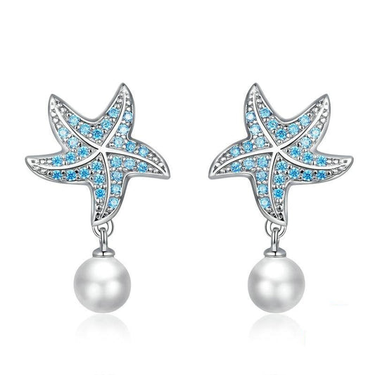 Pendientes de plata de ley 925 con forma de estrella de mar y perla azul océano