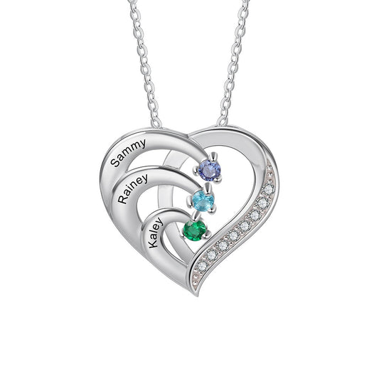 Collar personalizado de plata de ley 925 con nombre de familia, corazón y piedra de nacimiento grabada.