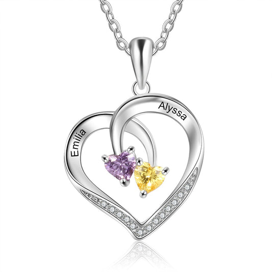 Collar de corazón personalizado de plata de ley 925 con dos piedras de nacimiento y nombre grabado. Collar de pareja. Joyería de plata.