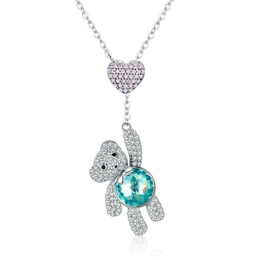 Collar de plata de ley 925 con corazón rosa y oso adorable