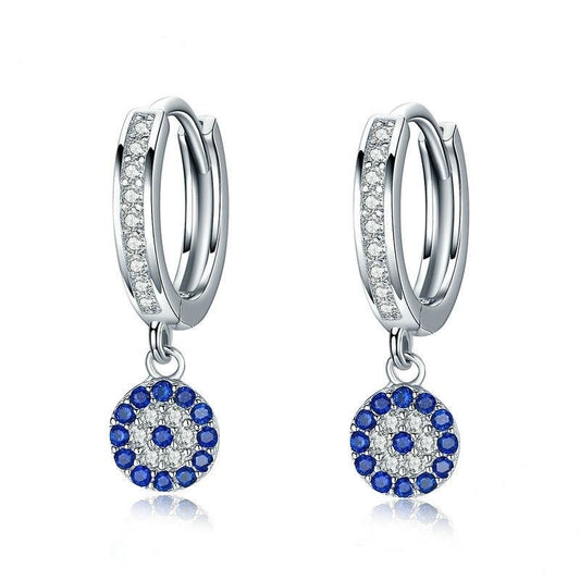 Pendientes colgantes de plata de ley 925 con circonita cúbica azul redonda y cristales