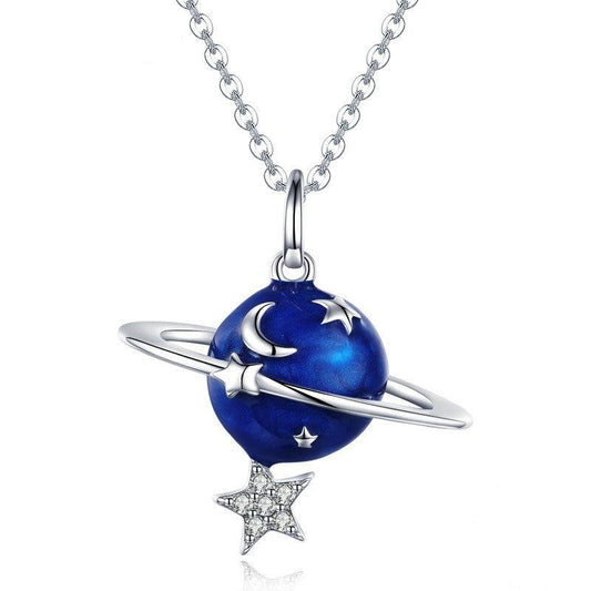 Collar de plata de ley 925 con planeta secreto, luna y estrella