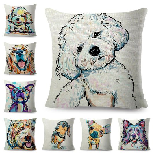 Funda de almohada con diseño de perro de dibujos animados en acuarela, bonita funda de cojín para mascota.