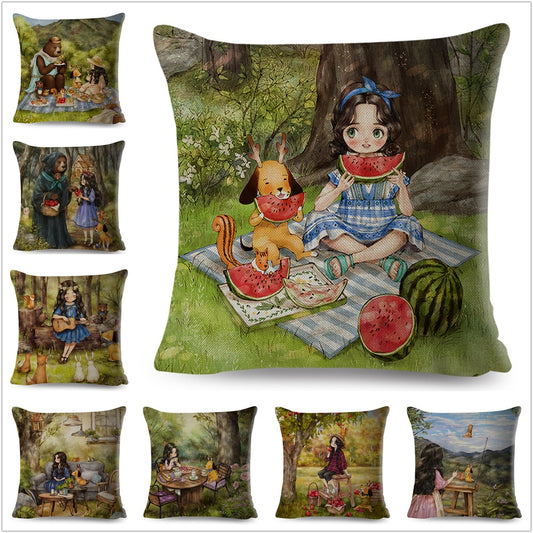 Funda de almohada con diseño de niña de cuento de hadas y dibujos animados