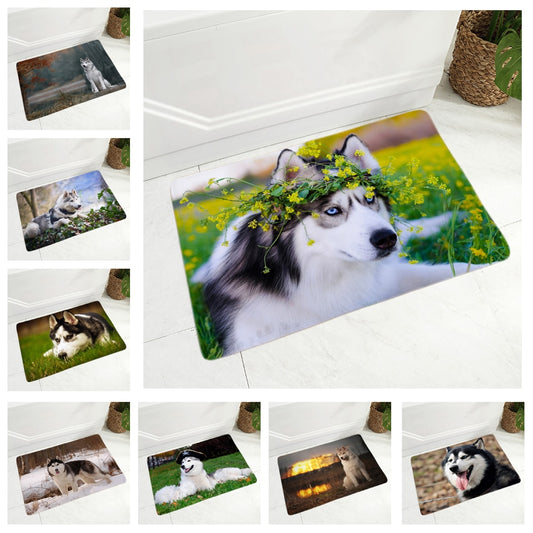 Alfombra de franela con diseño de perro husky siberiano, decoración para puerta de casa