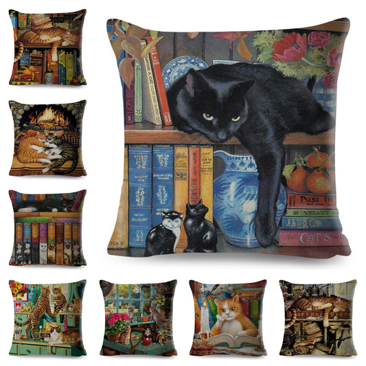 Bonita funda de cojín con diseño de gato y libro para fiestas, funda de almohada con dibujos de animales