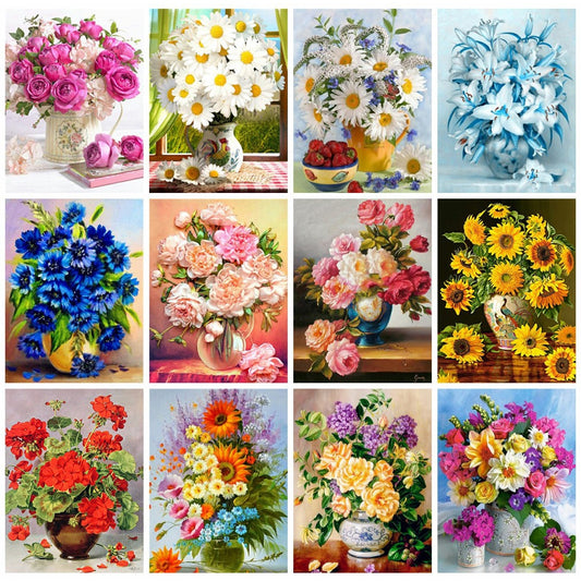 Pintura de diamante con flores, bordado cuadrado completo, arte de mosaico de diamantes florales