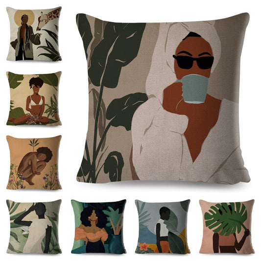 Hermosa funda de almohada con diseño de mujer africana negra con dibujos geométricos