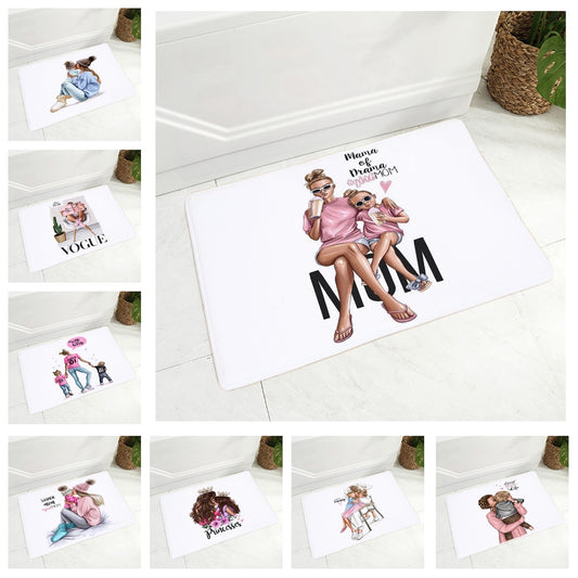 Bonita alfombra de piso de dibujos animados de moda para mamá y bebé, decoración de felpudo Super Mamá
