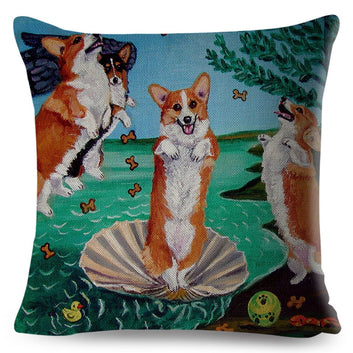 Funda de almohada con pintura al óleo de perro, decoración de dibujos animados de Welsh Corgi Pembroke, funda de cojín
