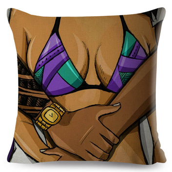 Funda de almohada estilo pop con diseño de chica en bikini y dibujos animados