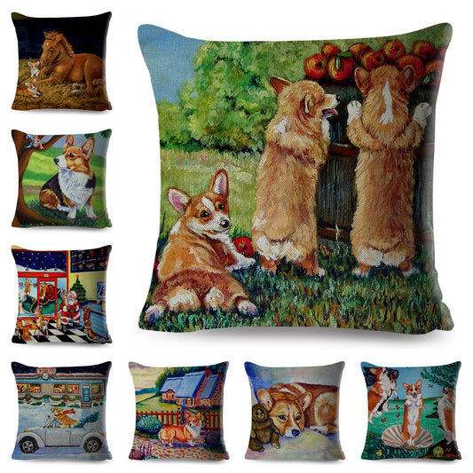 Funda de almohada con pintura al óleo de perro, decoración de dibujos animados de Welsh Corgi Pembroke, funda de cojín