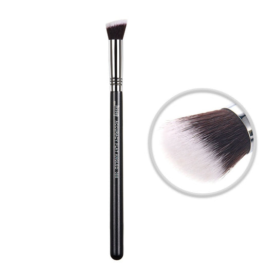 Brocha de contorno negra/plateada para maquillaje facial, de fibras suaves, de precisión, plana y angular, para difuminar polvos.