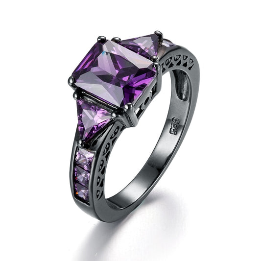 Bague en argent sterling 925 avec améthyste violette et plaqué or noir, bijou vintage