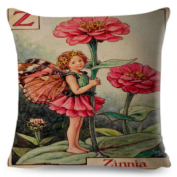Funda de almohada con letras de la A a la Z, diseño de niña de las flores y cuento de hadas