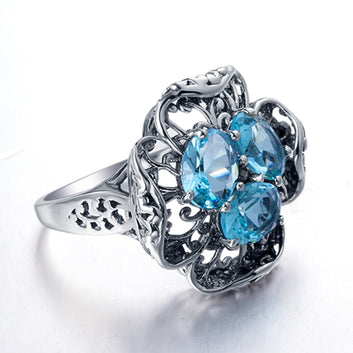 Vintage Aquamarine 925 Sterling Silver Wedding Engagement Ring
