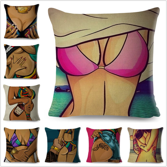 Funda de almohada estilo pop con diseño de chica en bikini y dibujos animados