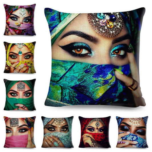 Funda de cojín con diseño de mujer enmascarada, elegante y colorida
