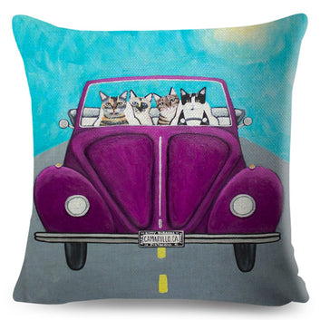 Bonita funda de almohada con diseño de gato y coche de dibujos animados para decoración de mascotas.