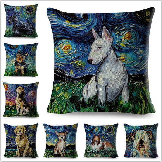 Funda de cojín con pintura al óleo de perro pastor, decoración de dibujos animados, funda de almohada de animal doméstico