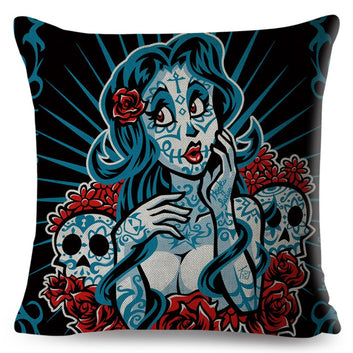Funda de cojín estilo Día de la Muerte de México, decoración colorida con calavera de dibujos animados, funda de almohada sexy para chica
