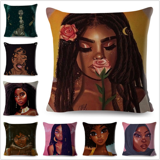Funda de cojín con dibujo de niña africana, colorida y negra, para mujer.