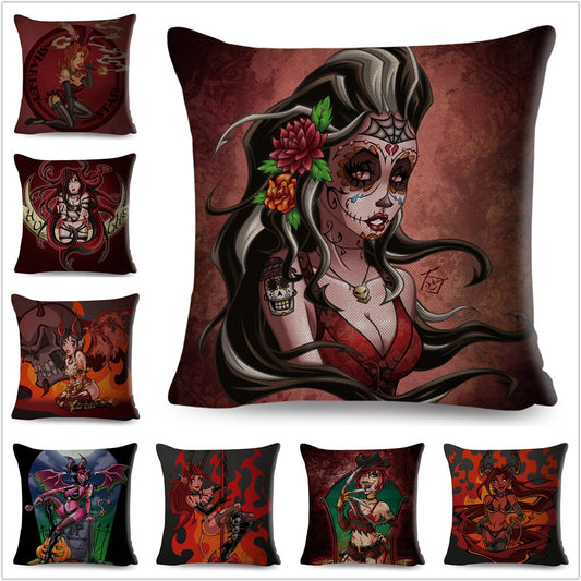 Funda de cojín estilo Día de la Muerte de México, decoración colorida con calavera de dibujos animados, funda de almohada sexy para chica