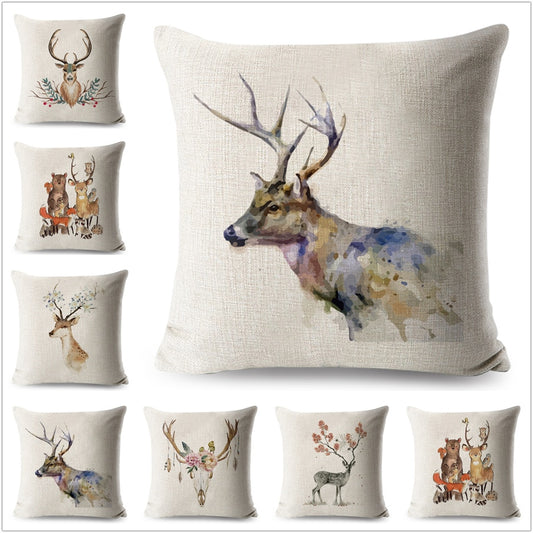 Funda de almohada de estilo nórdico con diseño de animales de acuarela y ciervos.