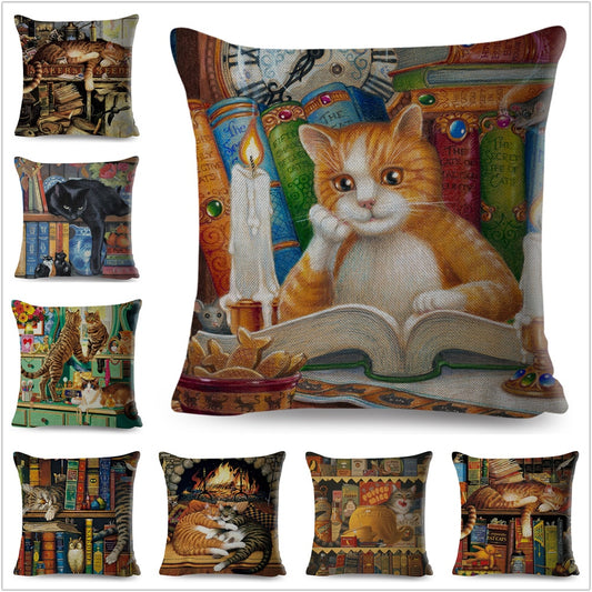 Bonita funda de cojín con diseño de gato y libro para fiestas, decoración de dibujos animados de animales.