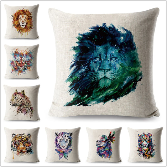 Funda de cojín con diseño de animales de dibujos animados, acuarela, león y tigre.