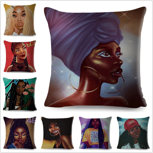 Funda de almohada de poliéster con diseño de mujer negra, hermosa niña africana, con dibujos animados coloridos