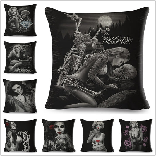 Funda de cojín estilo chicano mexicano con decoración de calavera de dibujos animados y dama sexy