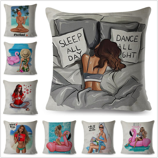 Funda de almohada de poliéster con diseño de chica de dibujos animados súper sexy para dormir todo el día