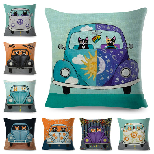 Bonita funda de almohada con diseño de gato y coche de dibujos animados para decoración de mascotas.