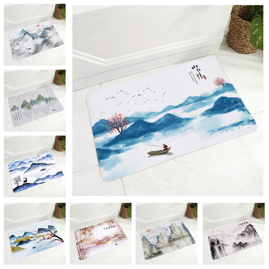 Tapis de sol à l'encre de Chine, décor de beau paysage, paillasson